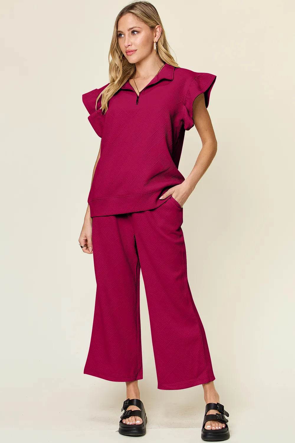 Double Take Texture Ruffle Short Sleeve Top and Drawstring Wide Leg Pants Set - Tredona LLC