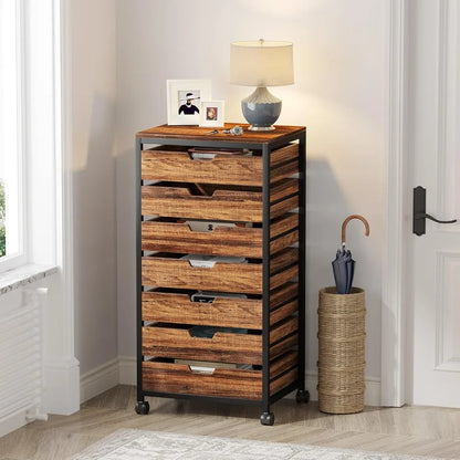 Tribesigns 7 Drawer Chest, Wood Storage Dresser Cabinet with Wheels, Industrial Storage Drawer Organizer Cart for Office Bedroom