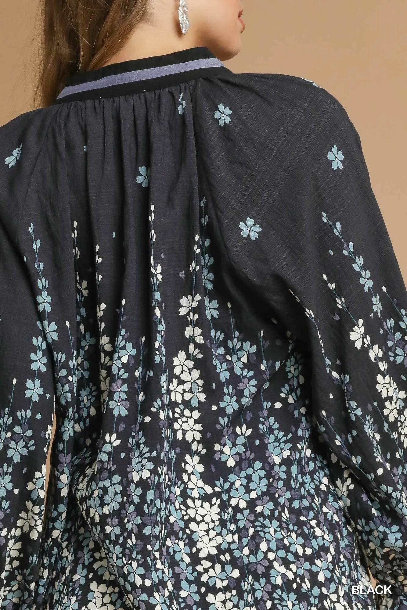 Umgee Full Size Floral Vine Print Blouse with Balloon Sleeves Plus Size - Tredona LLC