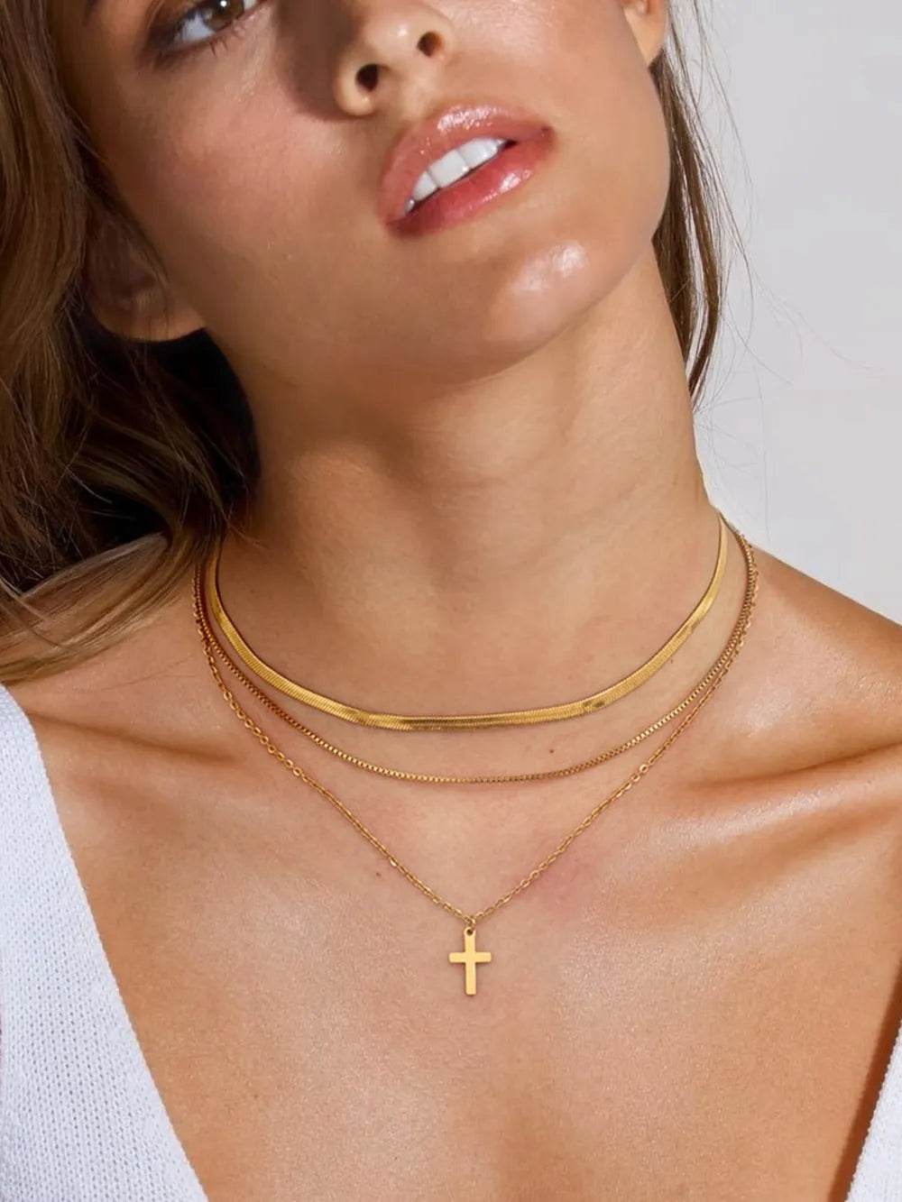 18K Gold-Plated Three-Layered Cross Necklace - Tredona LLC