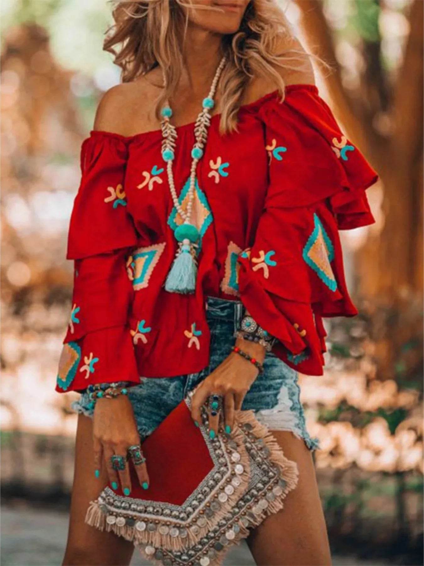 Full Size Off-Shoulder Layered Sleeve Blouse Plus Size - Tredona LLC