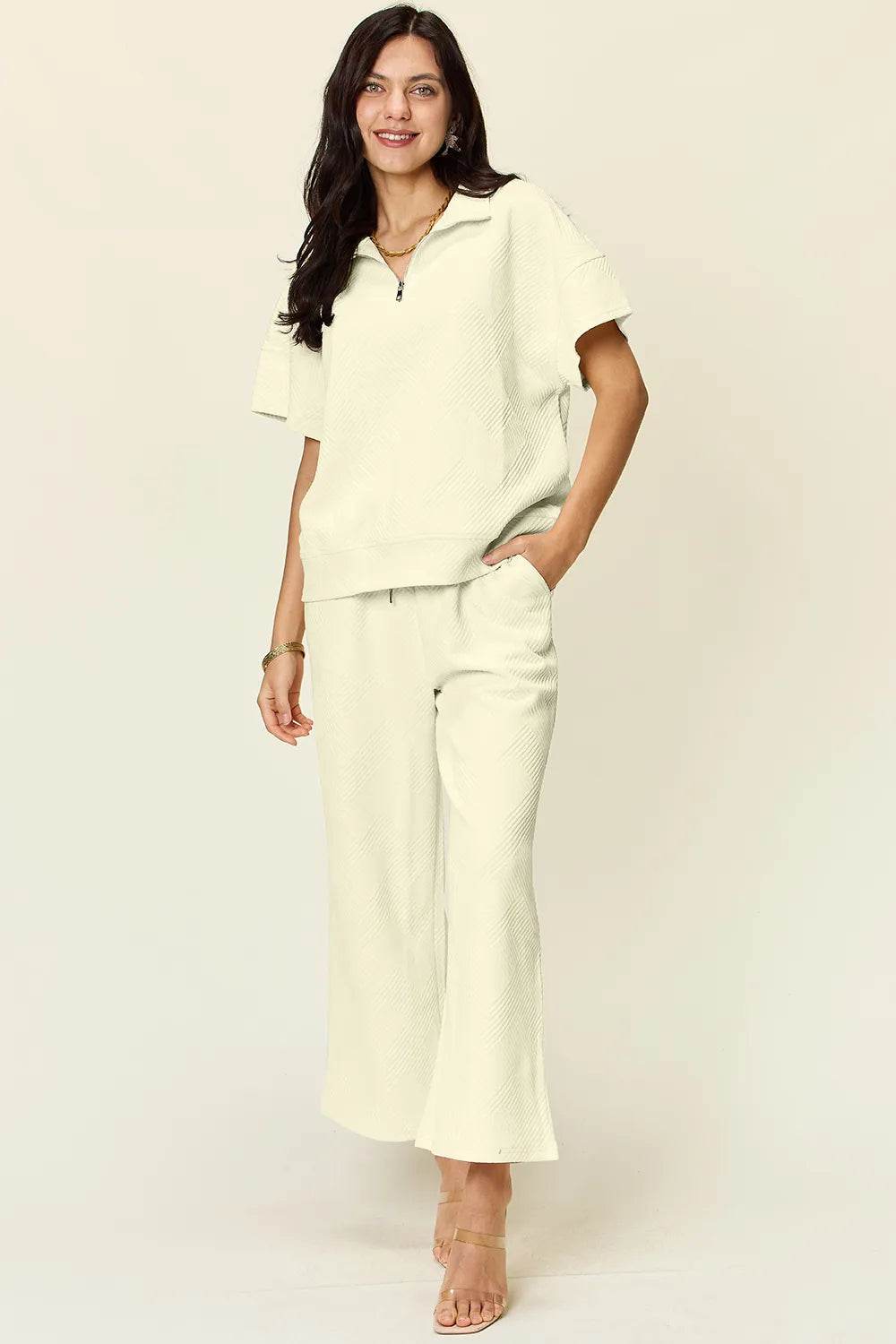 Double Take Full Size Texture Half Zip Short Sleeve Top and Pants Set - Tredona LLC