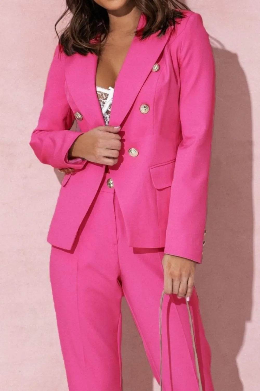 Full Size Lapel Collar Long Sleeve Blazer and Pants Set Plus Size - Tredona LLC