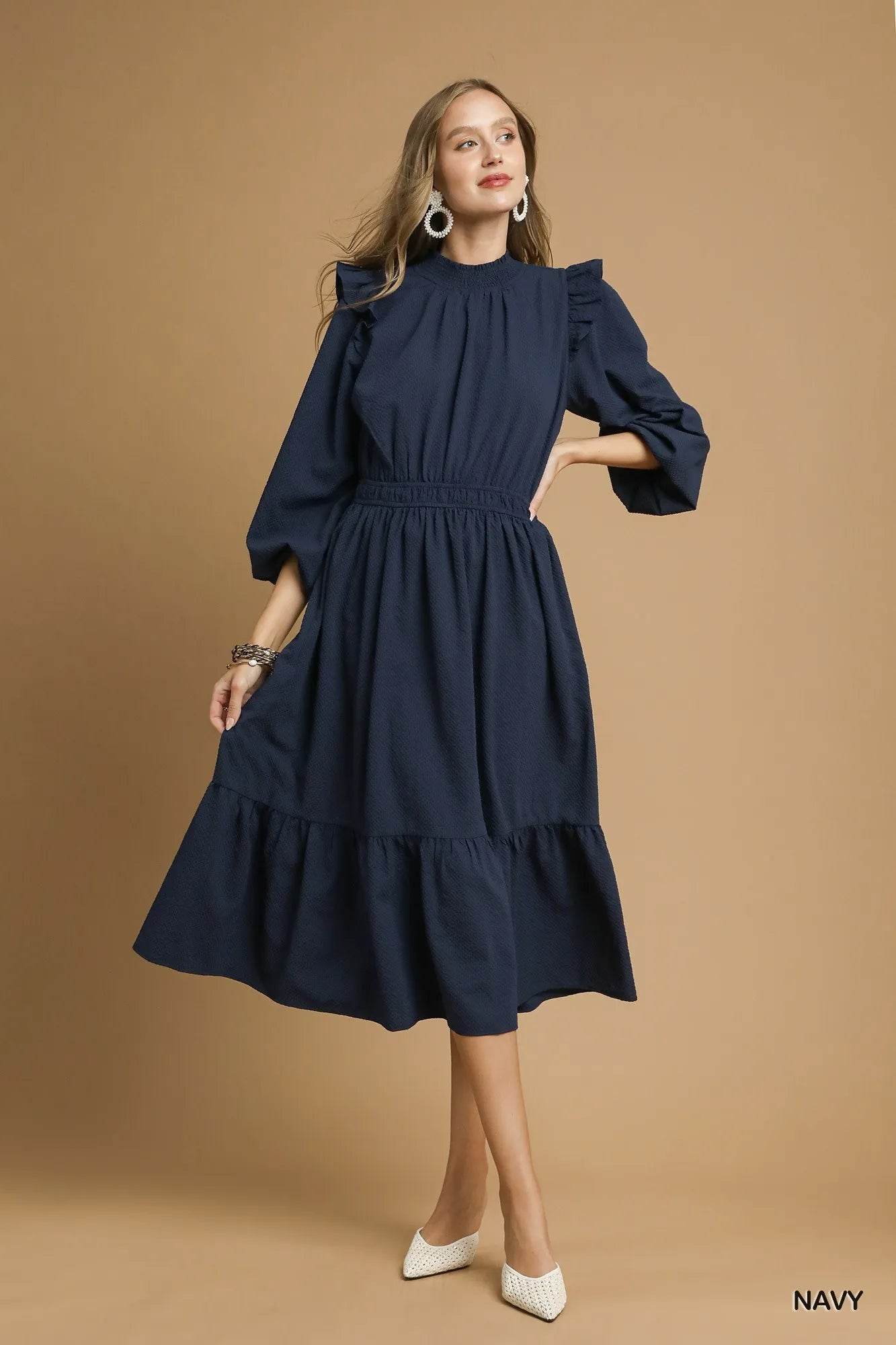 Umgee Textured Midi Dress with Ruffle Shoulder Detail - Tredona LLC
