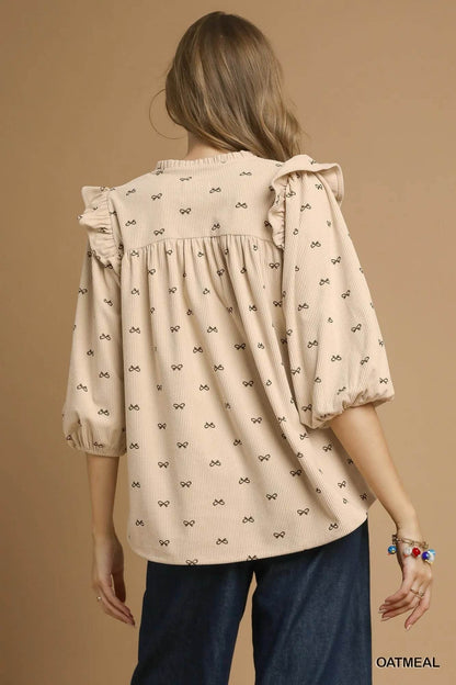 Umgee Bow Print Corduroy Puff Sleeve Blouse with Ruffled - Tredona LLC