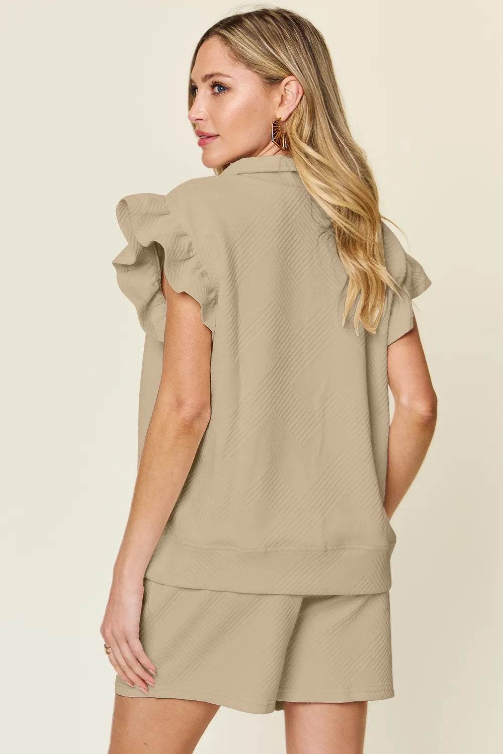 Double Take Full Size Texture Flounce Sleeve Top and Drawstring Shorts Set - Tredona LLC