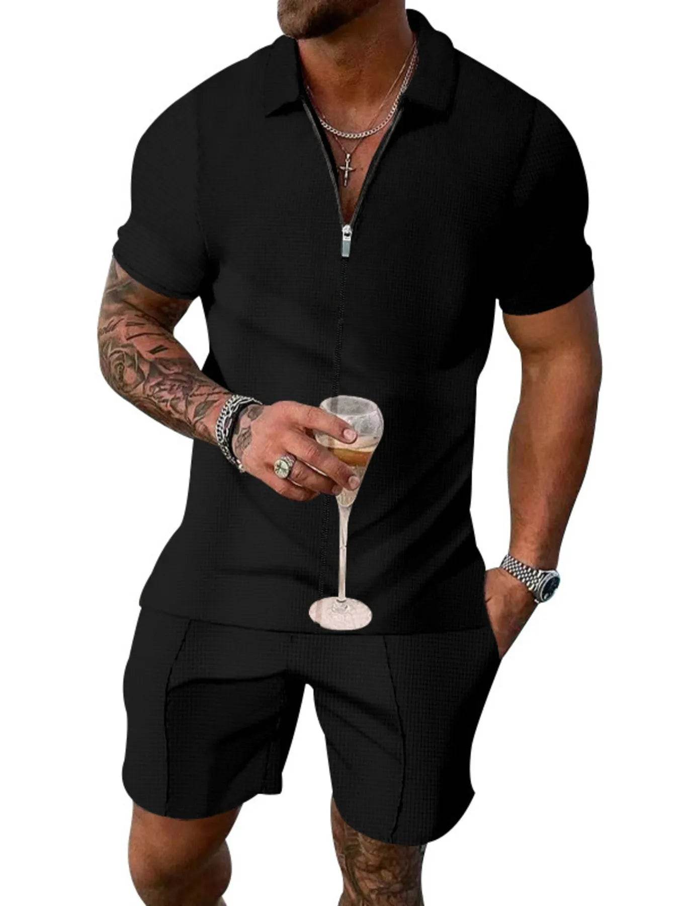 Men's Plus Size Zip Up Short Sleeve Top and Shorts Set - Tredona LLC