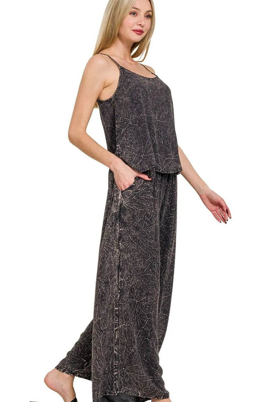 Zenana Woven Acid Crinkle Washed Cami & Pants 2 Piece Set - Tredona LLC
