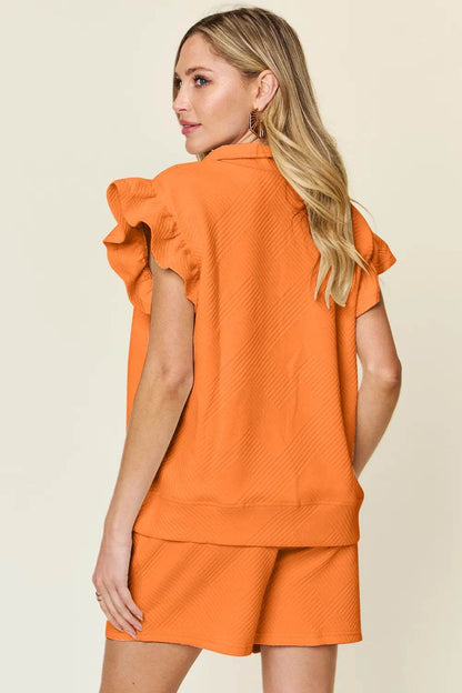Double Take Full Size Texture Flounce Sleeve Top and Drawstring Shorts Set - Tredona LLC