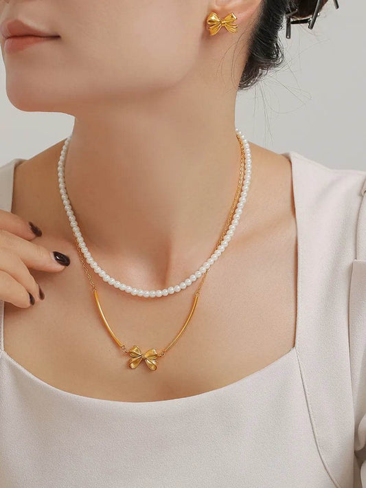 3 Piece Pearl Necklace, Bow Necklace and Stud Earrings Jewelry Set - Tredona LLC