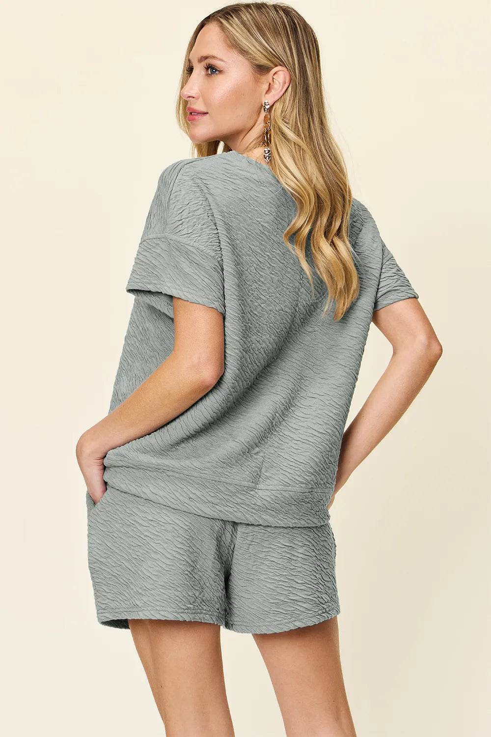 Double Take Full Size Texture Short Sleeve T-Shirt and Drawstring Shorts Set - Tredona LLC