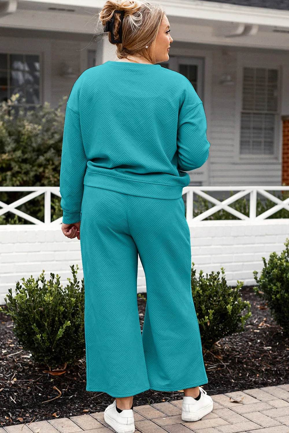 Double Take Full Size Textured Long Sleeve Top and Drawstring Pants Set - Tredona LLC