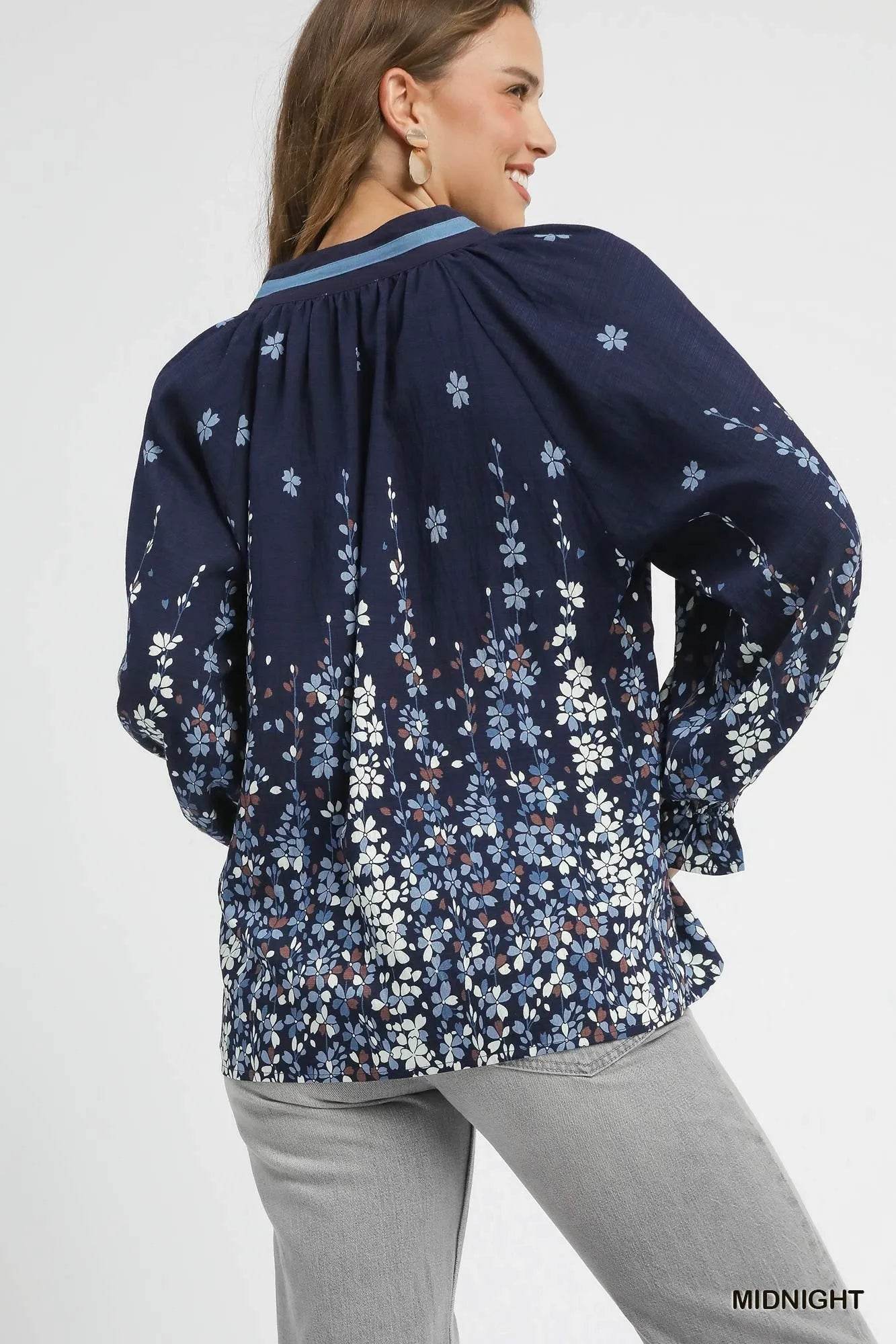 Umgee Full Size Floral Vine Print Blouse with Balloon Sleeves Plus Size - Tredona LLC