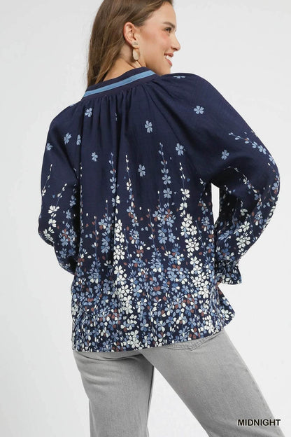 Umgee Full Size Floral Vine Print Blouse with Balloon Sleeves Plus Size - Tredona LLC