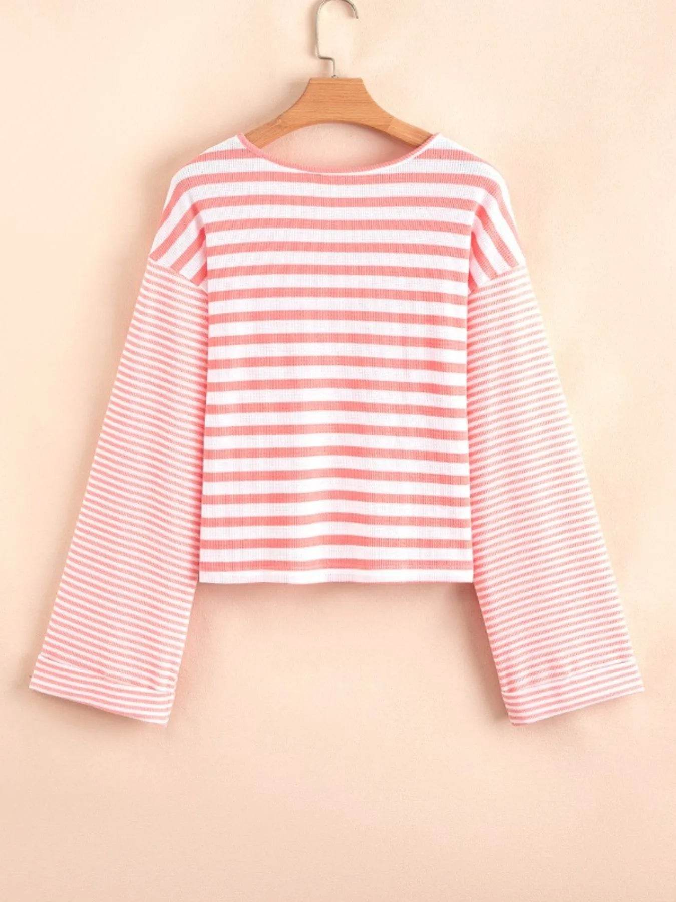 Striped Long Sleeve Ribbed Blouse - Tredona LLC