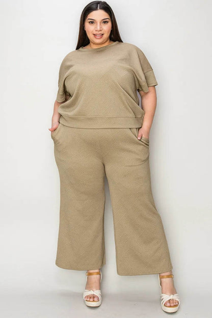 Double Take Full Size Texture Short Sleeve Top and Pants Set - Tredona LLC