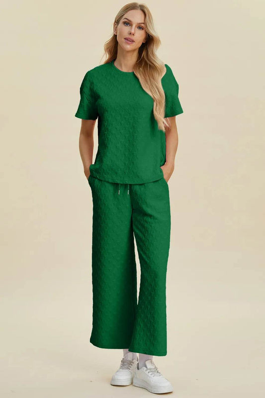 Double Take Full Size Texture Round Neck Short Sleeve Top and Pants Set - Tredona LLC
