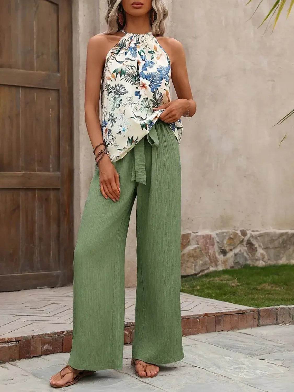 Printed Tank Top and Wide Leg Pants Set - Tredona LLC