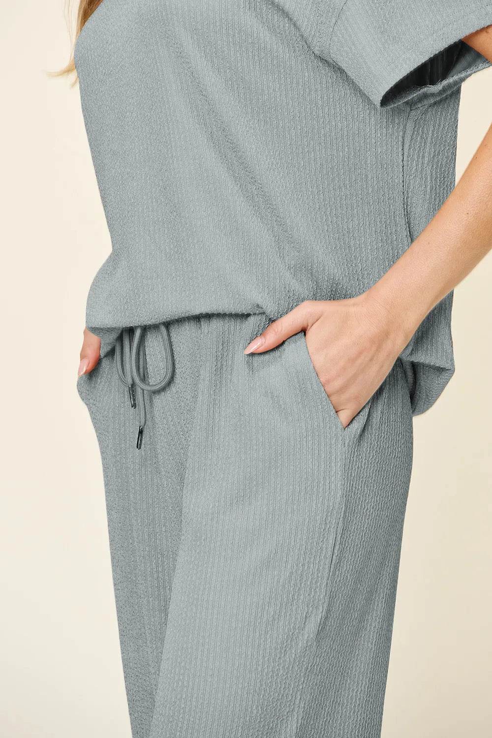 Double Take Full Size Texture Round Neck Short Sleeve T-Shirt and Wide Leg Pants - Tredona LLC