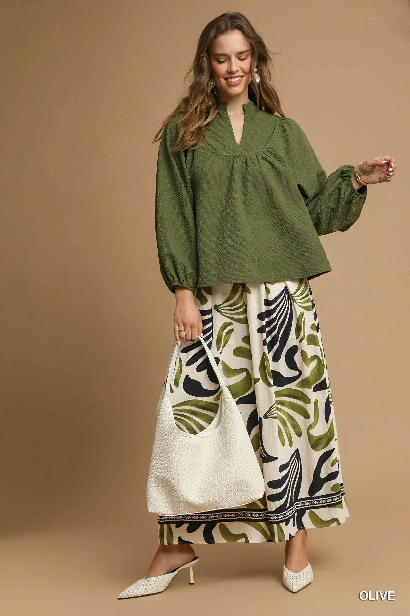 Umgee Textured Notched Blouse with Balloon Sleeves - Tredona LLC