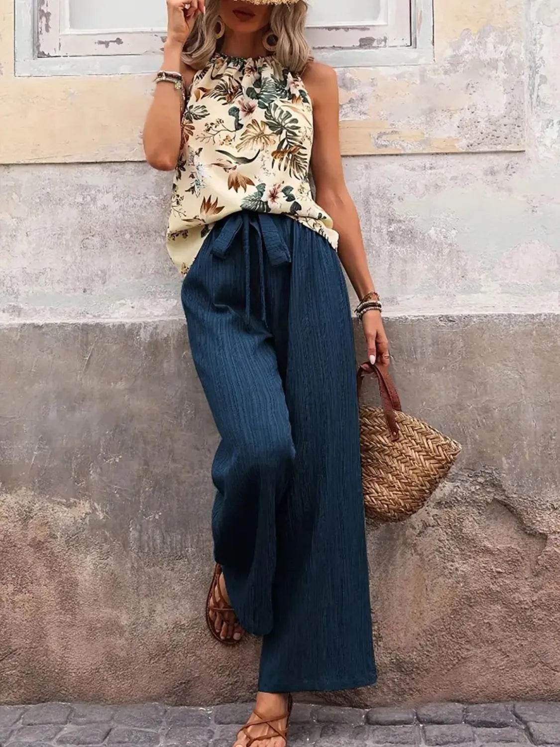 Printed Tank Top and Wide Leg Pants Set - Tredona LLC