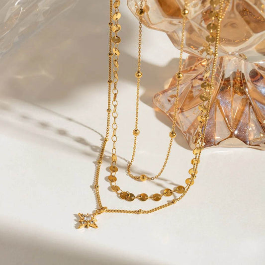 18K Gold-Plated Layered Star Pendant Necklace - Tredona LLC