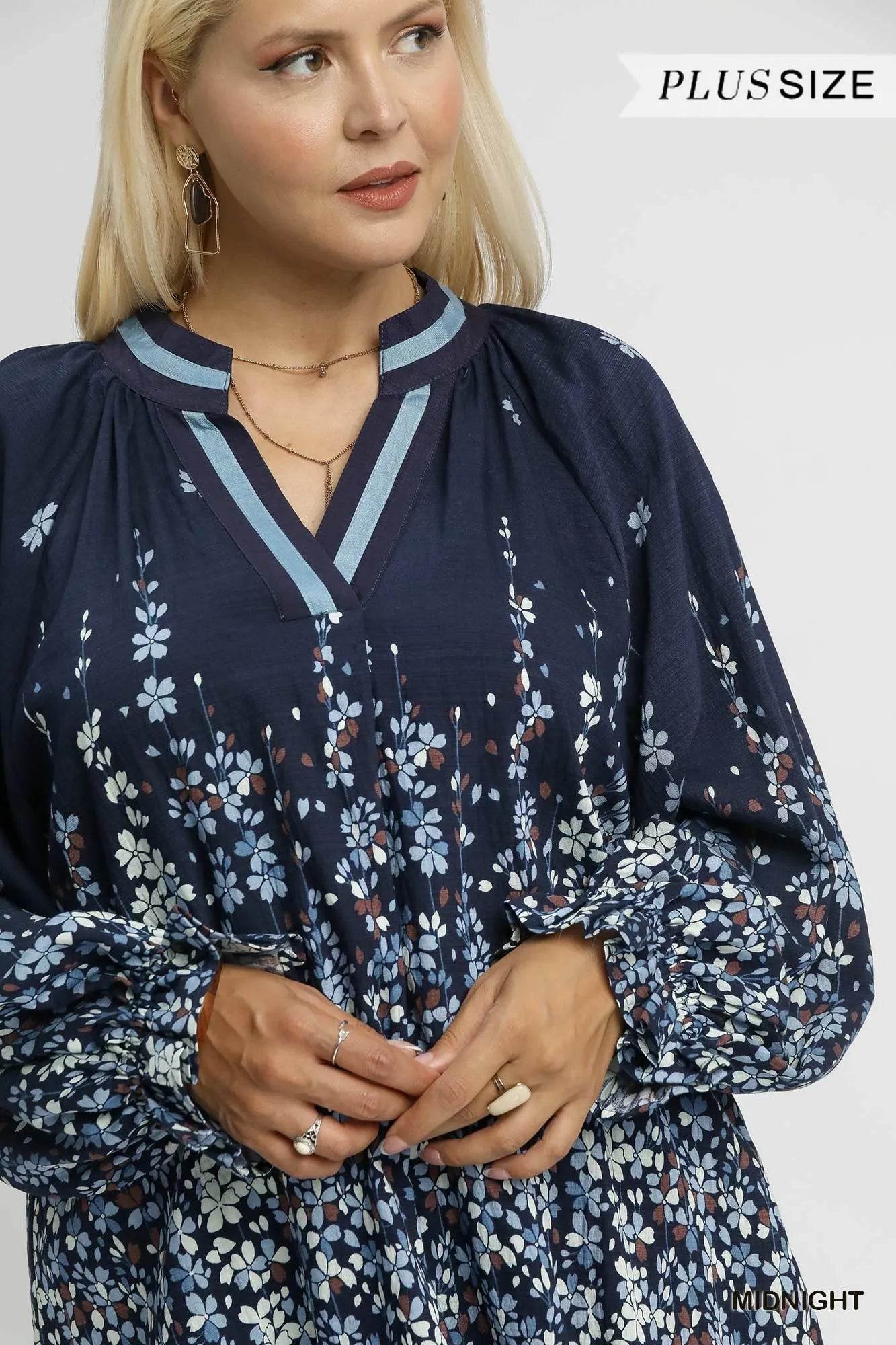 Umgee Full Size Floral Vine Print Blouse with Balloon Sleeves Plus Size - Tredona LLC