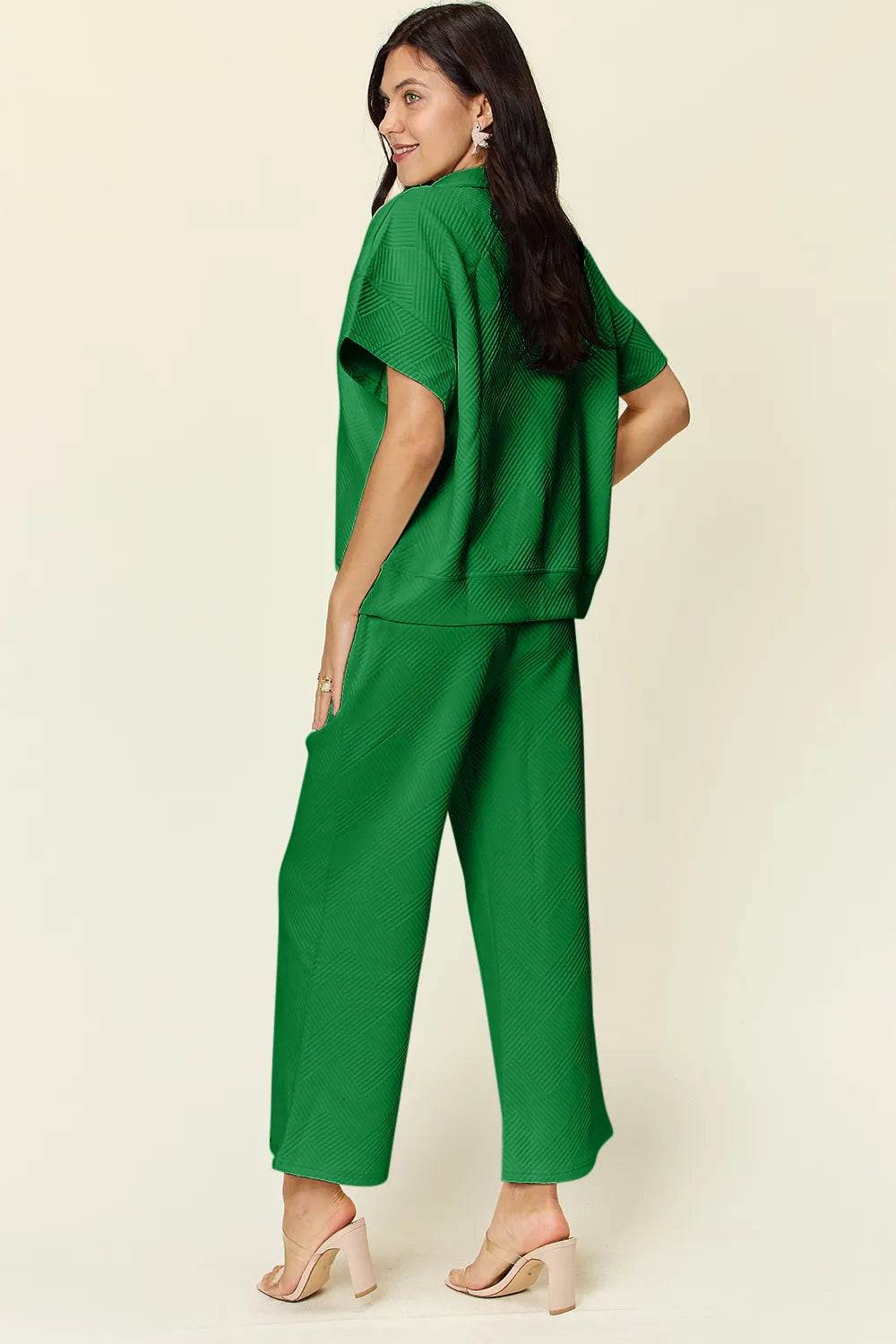 Double Take Full Size Texture Half Zip Short Sleeve Top and Pants Set - Tredona LLC