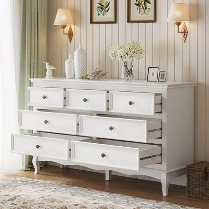RoyalCraft White 7 Drawer Dresser for Bedroom, Modern Chest of Drawers with Solid Wood Legs and Painted Finish, Wooden Storage C