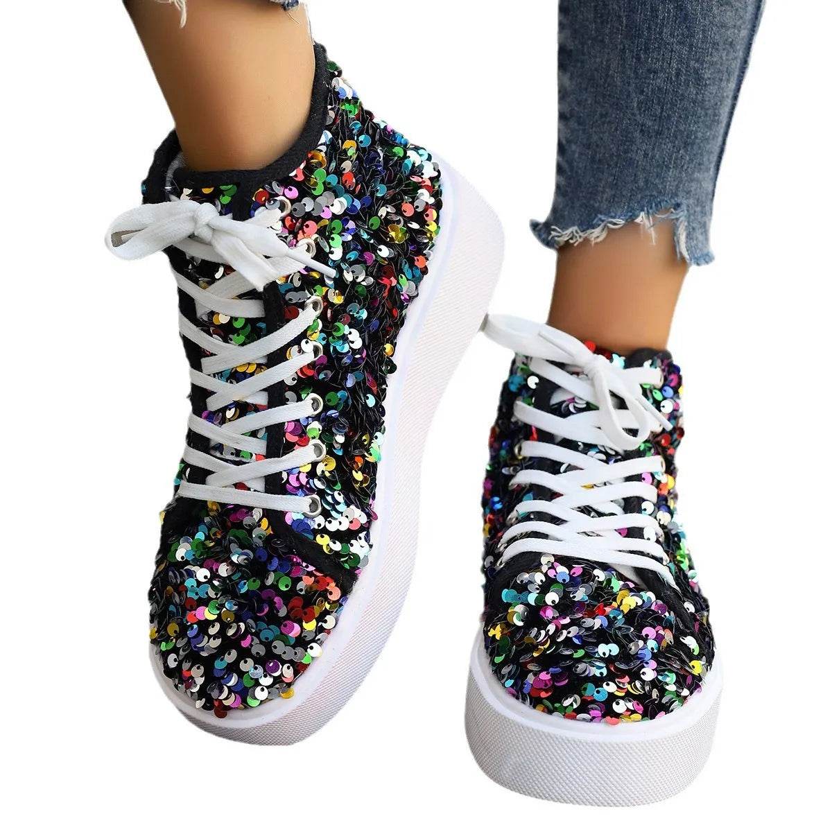 Sequin Round Toe Platform Sneakers - Tredona LLC