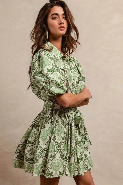 BiBi Tied Floral Short Sleeve Mini Shirt Dress - Tredona LLC