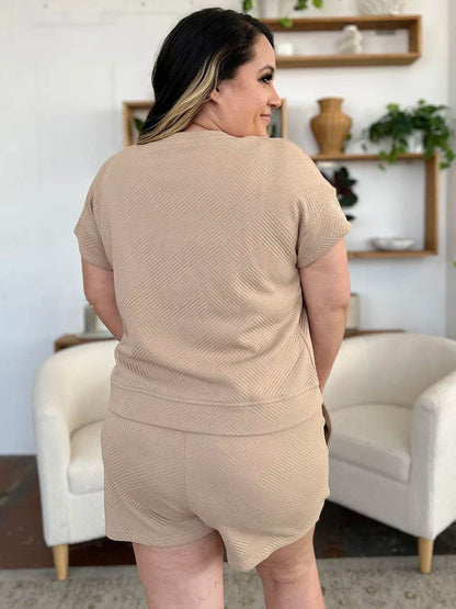 Double Take Full Size Texture Short Sleeve T-Shirt and Drawstring Shorts Set - Tredona LLC