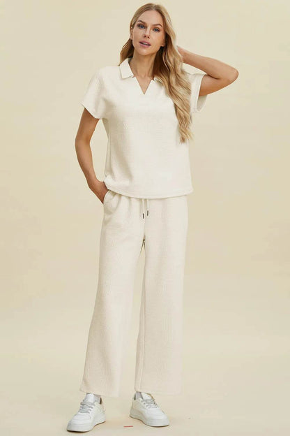Double Take Full Size Collared Neck Short Sleeve Top and Pants Set - Tredona LLC