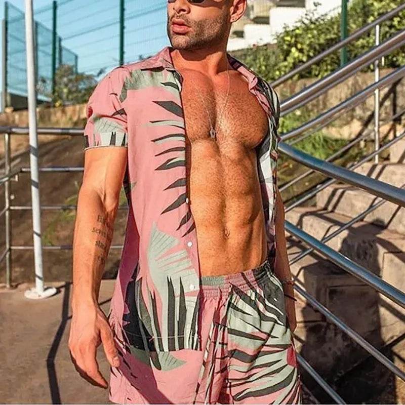 Men's Full Size Button Up Shirt and Shorts Set Plus Size - Tredona LLC