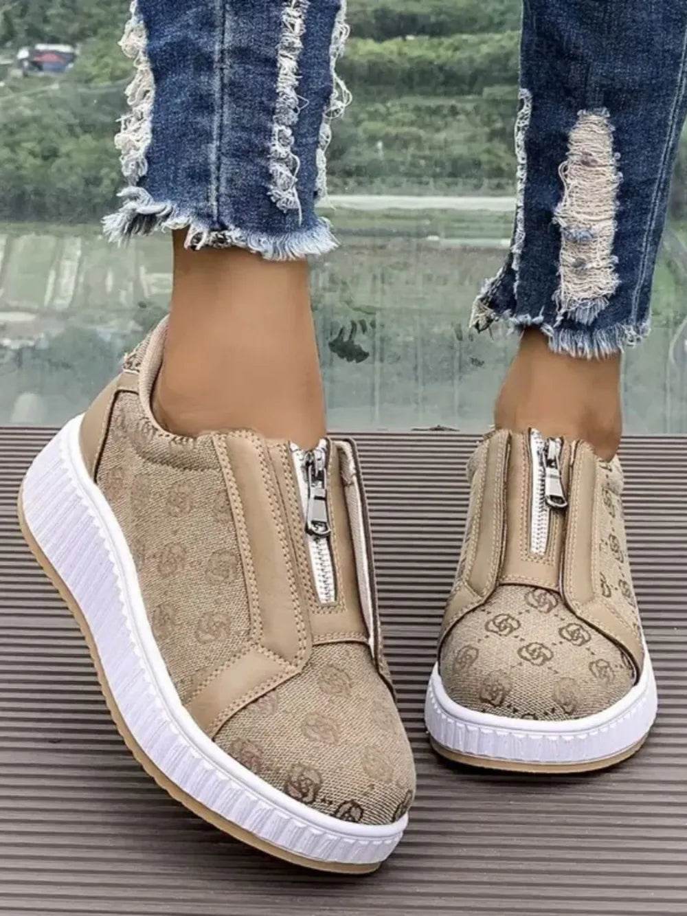 Floral Round Toe Sneakers with Zip - Tredona LLC