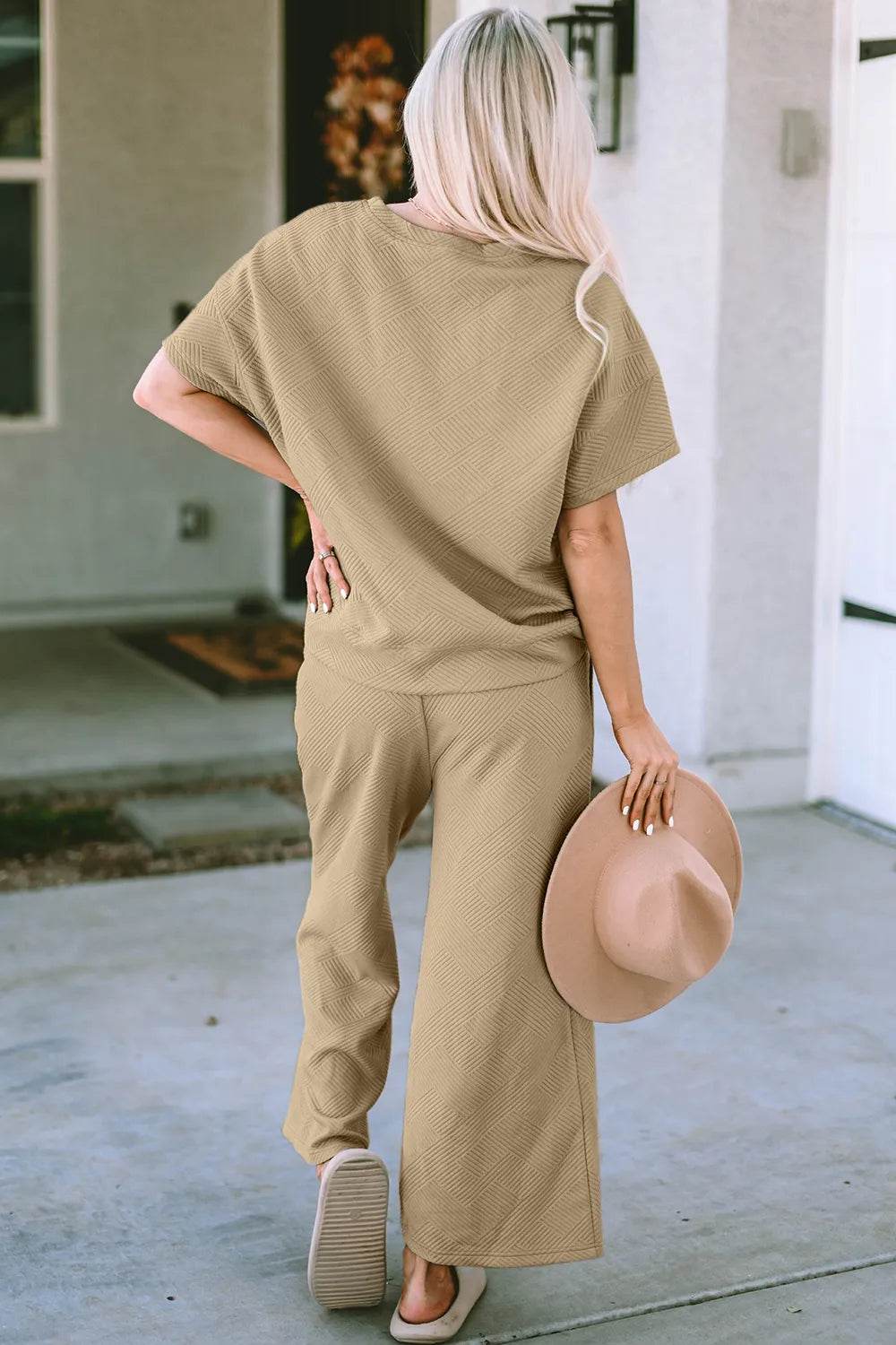Double Take Full Size Texture Short Sleeve Top and Pants Set - Tredona LLC