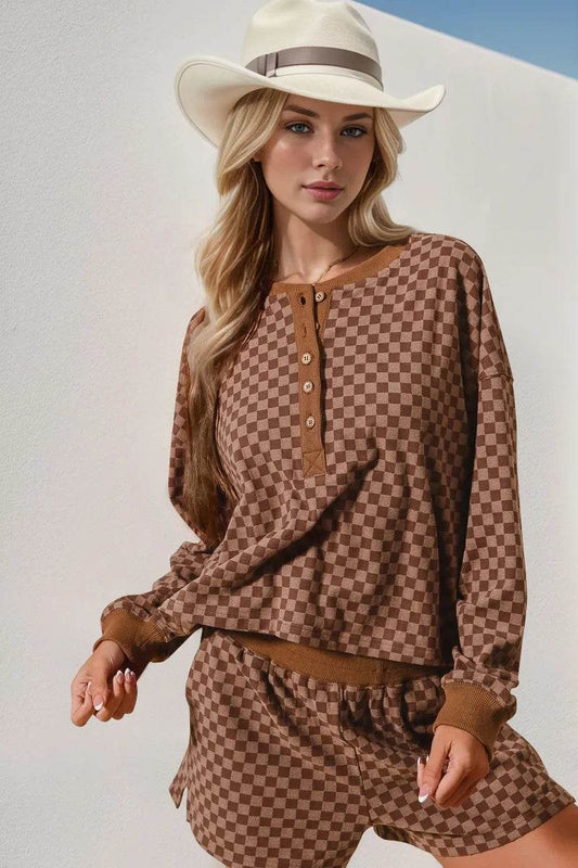 Double Take Checkered Half Button Top and Shorts Set - Tredona LLC