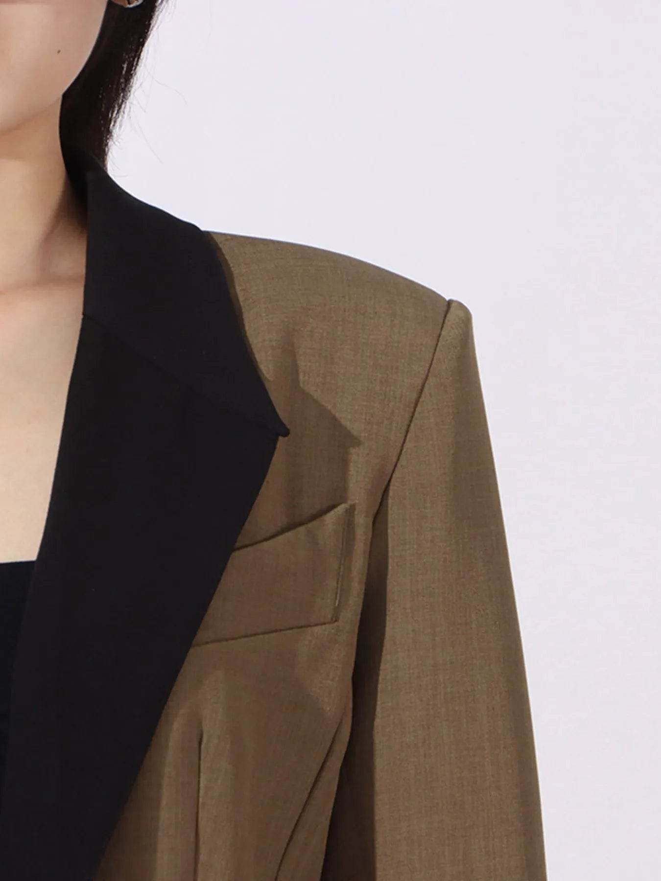Contrast Lapel Collar Long Sleeve Blazer - Tredona LLC
