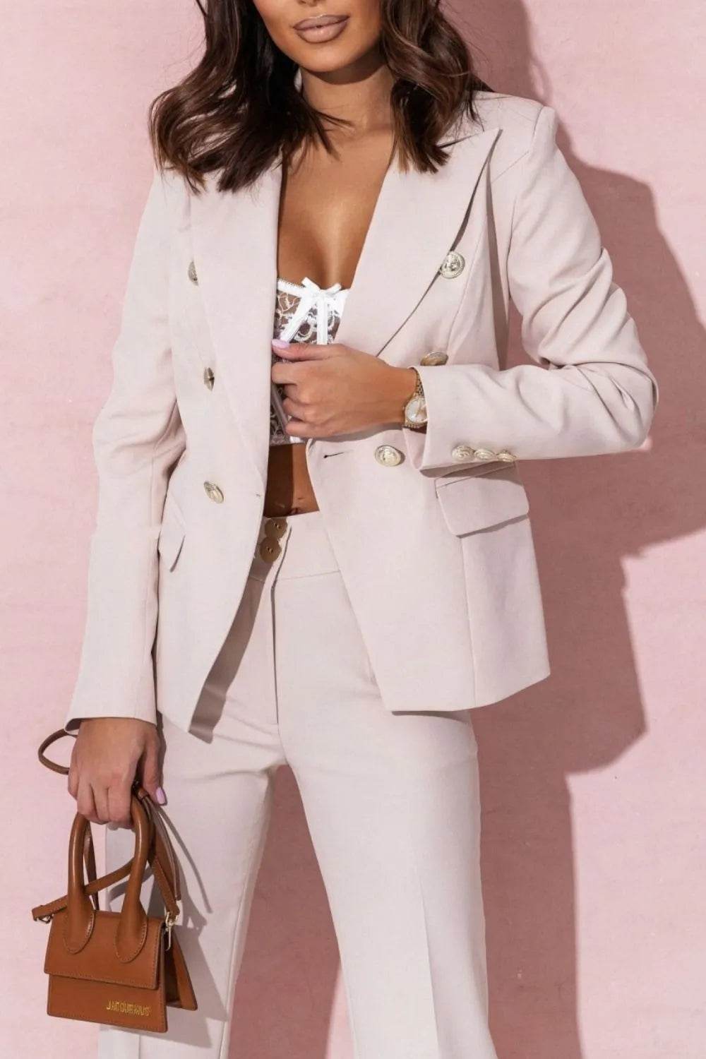 Full Size Lapel Collar Long Sleeve Blazer and Pants Set Plus Size - Tredona LLC