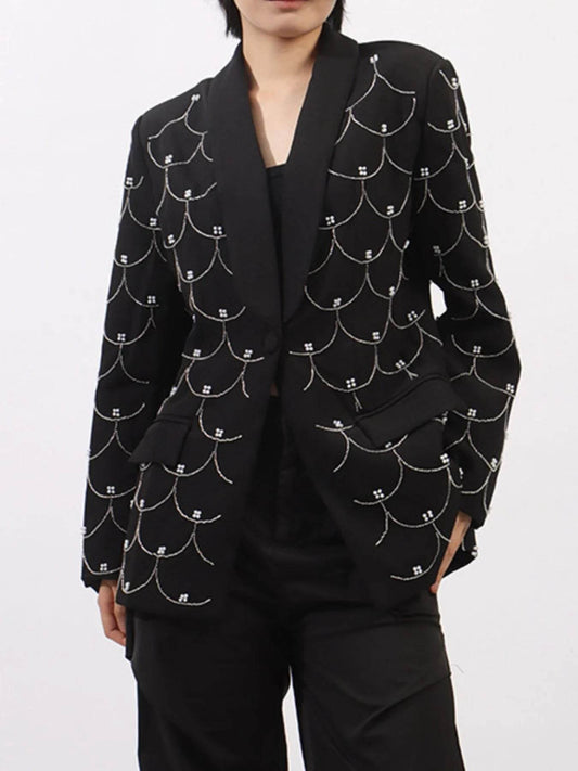 Pearl Detail Long Sleeve Blazer - Tredona LLC