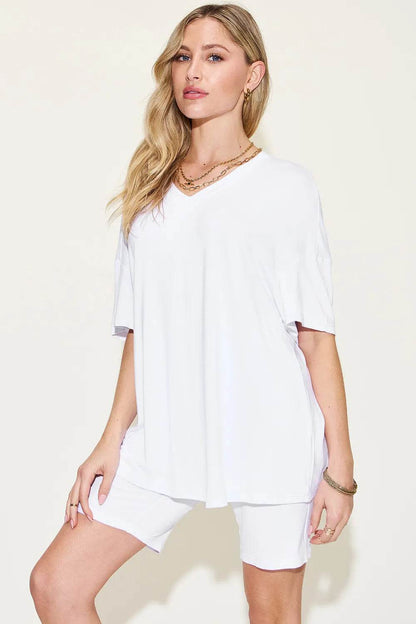 Basic Bae Full Size V-Neck Drop Shoulder T-Shirt and Shorts Set - Tredona LLC