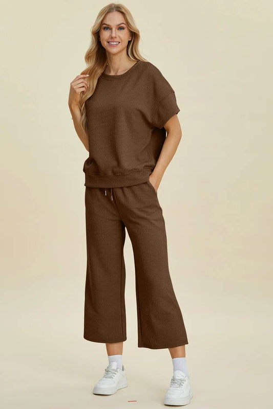 Double Take Full Size Texture Round Neck Top and Pants Set - Tredona LLC