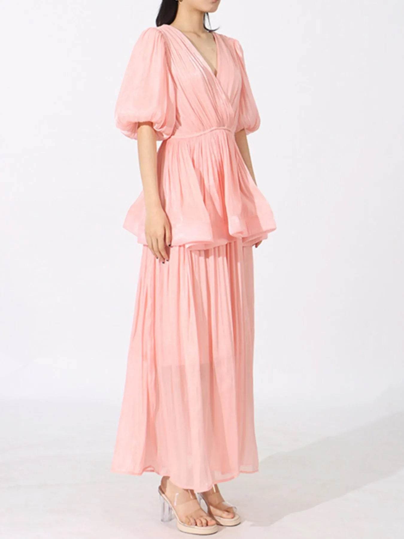 Layered Surplice Puff Sleeve Maxi Dress - Tredona LLC