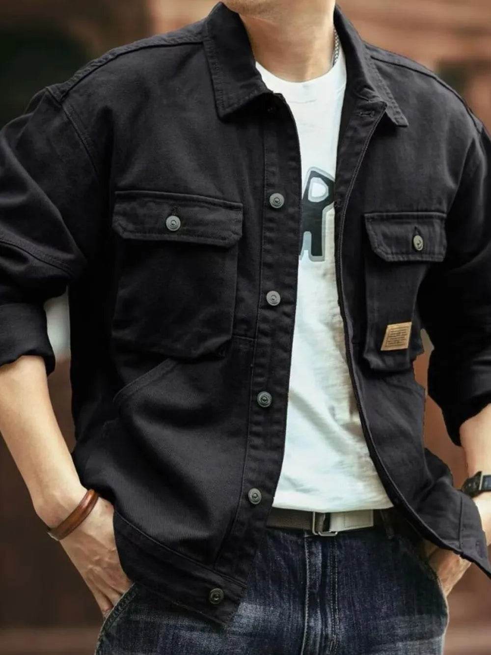 Men's Washed Collared Neck Cargo Jacket - Tredona LLC