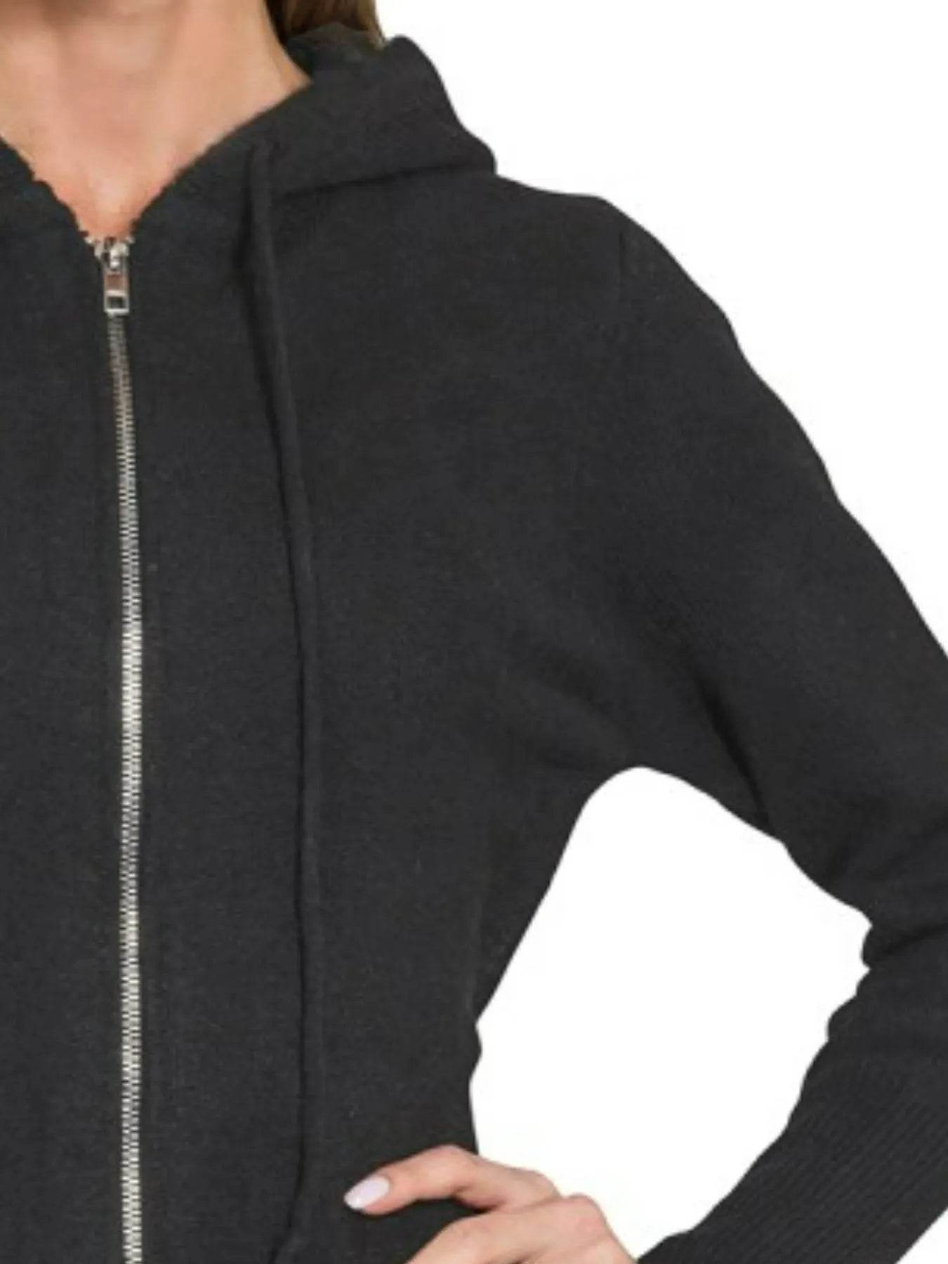 Zenana Drawstring Zip Up Hooded Cardigan - Tredona LLC