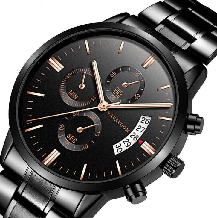 Men''s Stainless Steel Watches with Business Leisure Calendar Quartz Watches Waterproof Black Refined Steel Watches - Tredona LLC
