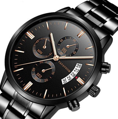 Men''s Stainless Steel Watches with Business Leisure Calendar Quartz Watches Waterproof Black Refined Steel Watches - Tredona LLC
