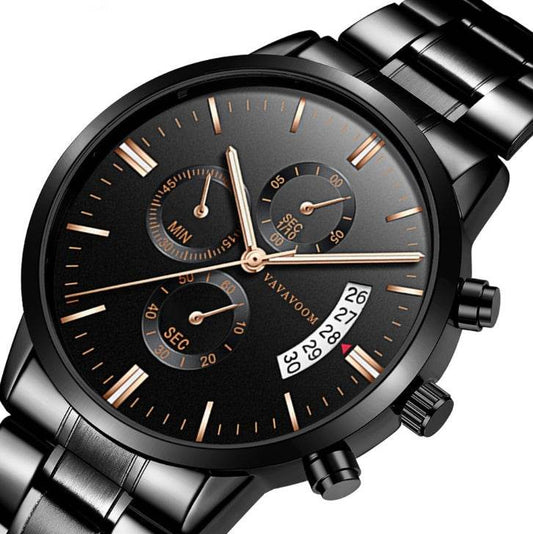 Men''s Stainless Steel Watches with Business Leisure Calendar Quartz Watches Waterproof Black Refined Steel Watches - Tredona LLC