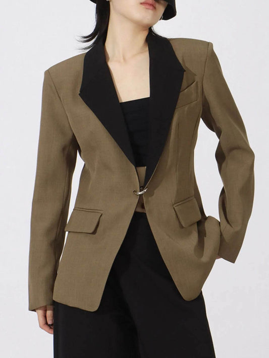Contrast Lapel Collar Long Sleeve Blazer - Tredona LLC