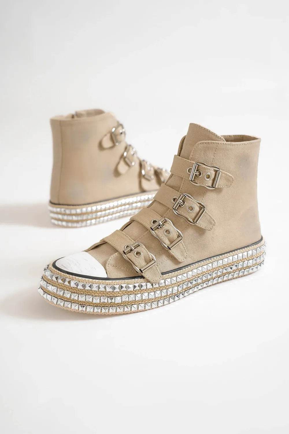 Beast Fashion Multi-Buckle Straps Studded Platform Sneakers - Tredona LLC